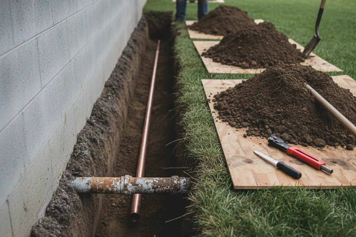 Excavated water line trench during Sewer Line Repair in Welcome